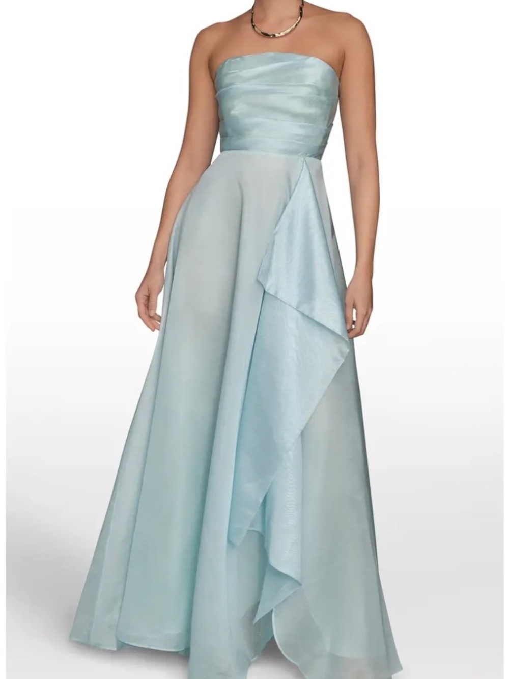 NWT Donna Karan Organza Strapless Cascading Ruched Ruffle Gown in Sea Mist